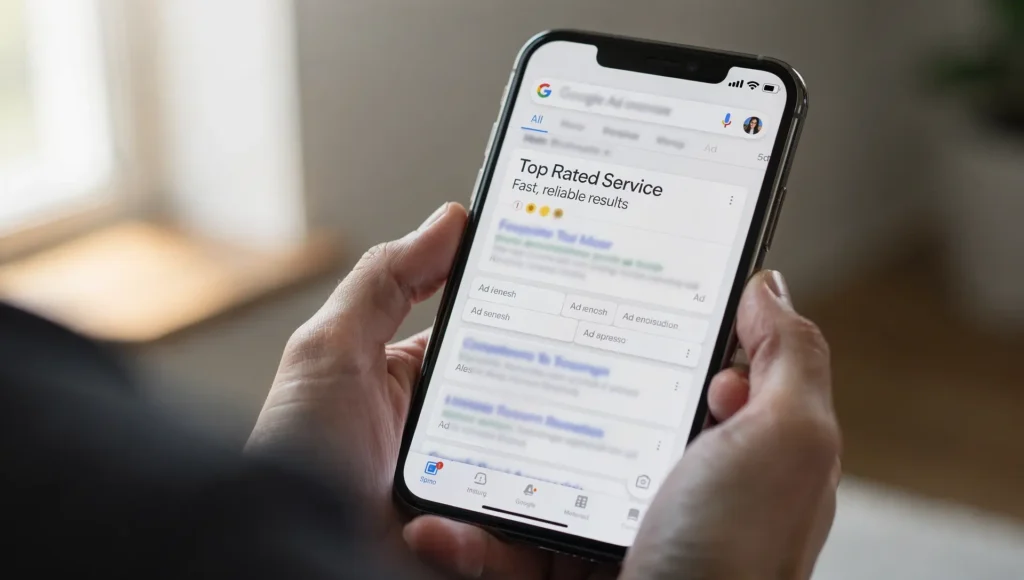 Resultado de busca no Google em celular com anúncio destacado e extensões de anúncio visíveis.