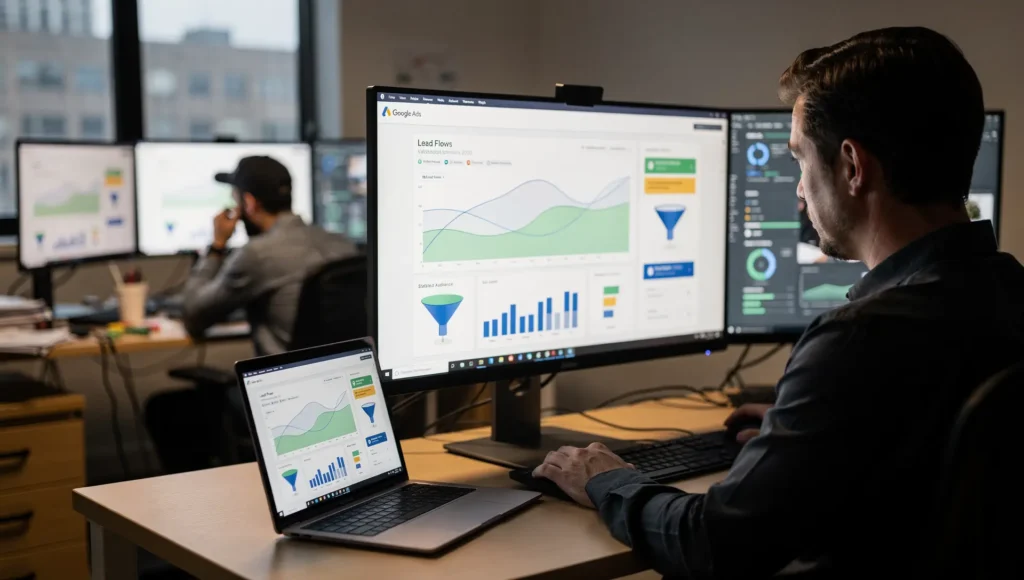 Equipe de marketing analisando gráficos e relatórios do Google Ads em múltiplos monitores, mostrando a gestão de campanhas Performance Max Google focadas em geração de leads.