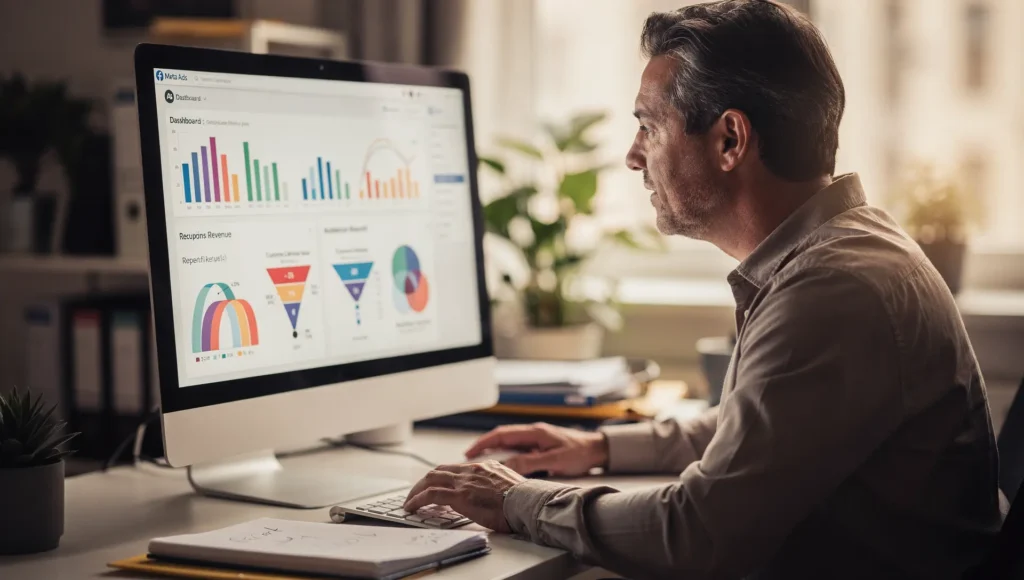 Alt: análise de métricas e gráficos em dashboard de anúncios digitais, performance de público personalizado Facebook em estratégias de recompra