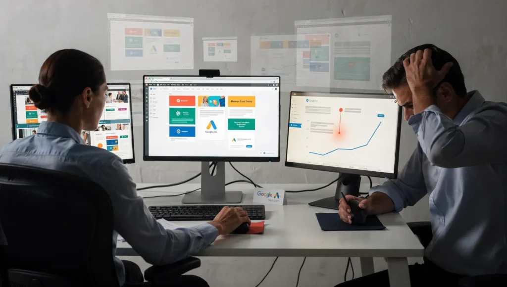 Equipe em escritório analisando métricas de campanhas em múltiplos monitores com gráficos e painéis do Google Ads, representando gestão estratégica da rede de display Google Ads.